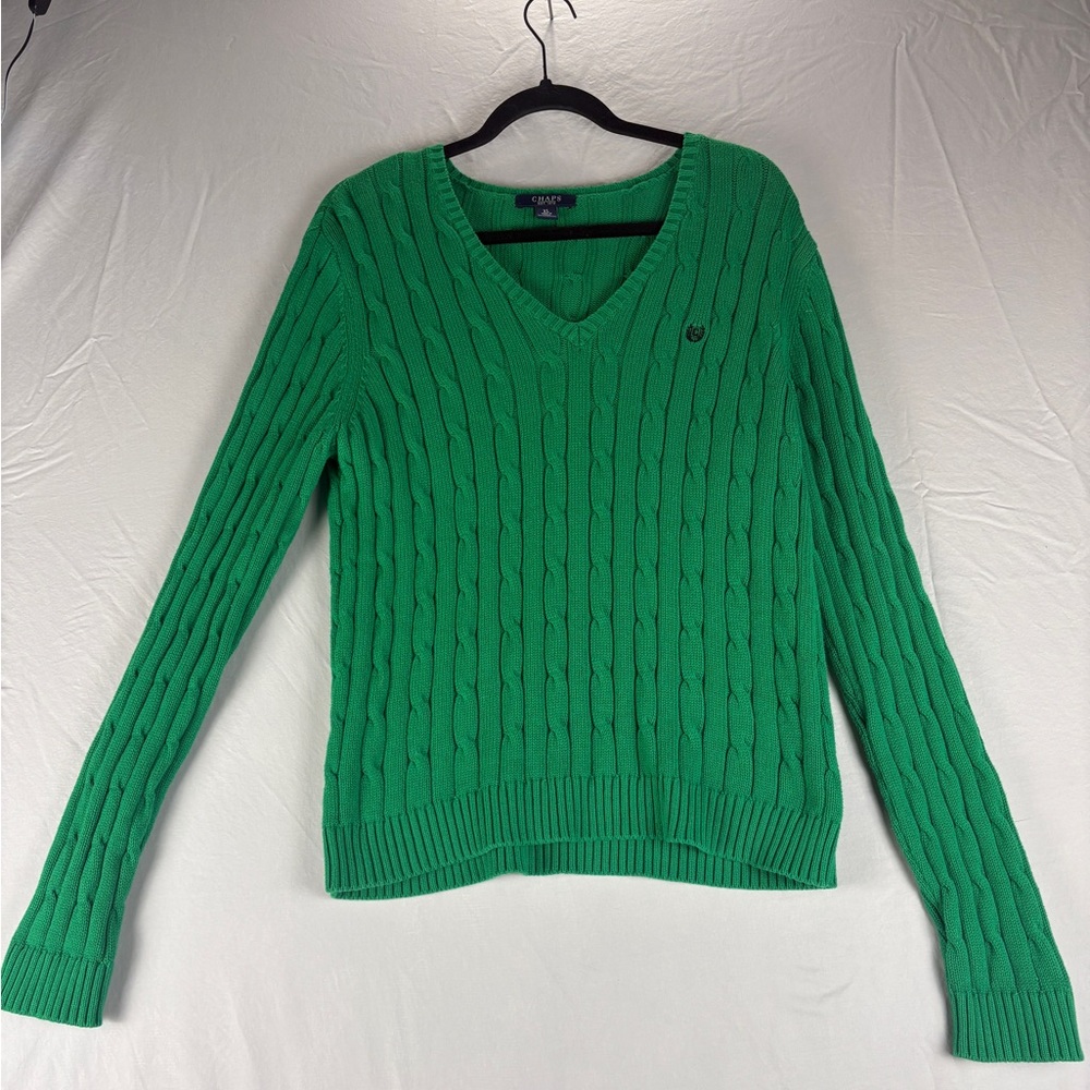 Chaps Women’s XL Green Cable Knit Sweater V-Neck 100% Cotton Classic Preppy